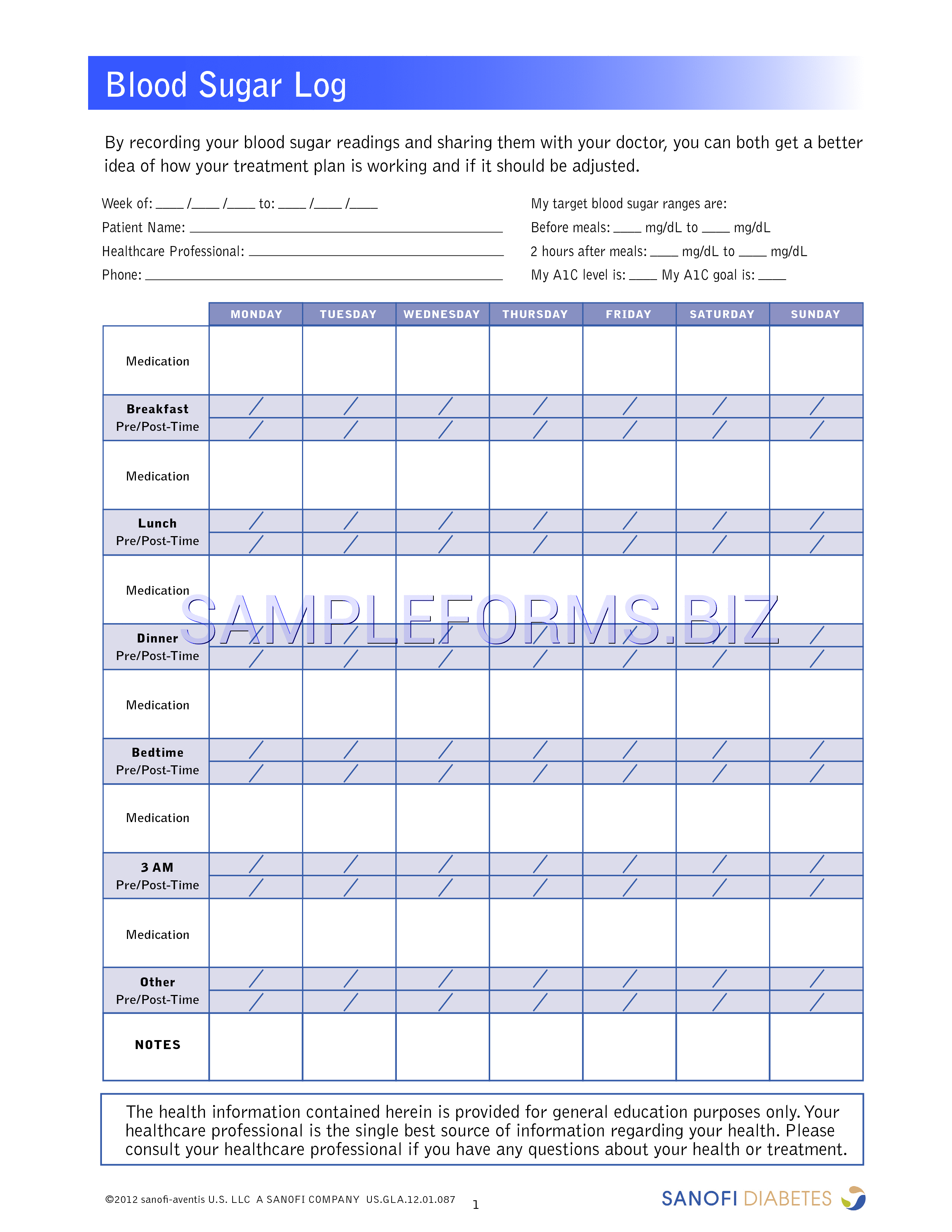 Preview free downloadable Blood Sugar Log in PDF (page 1)